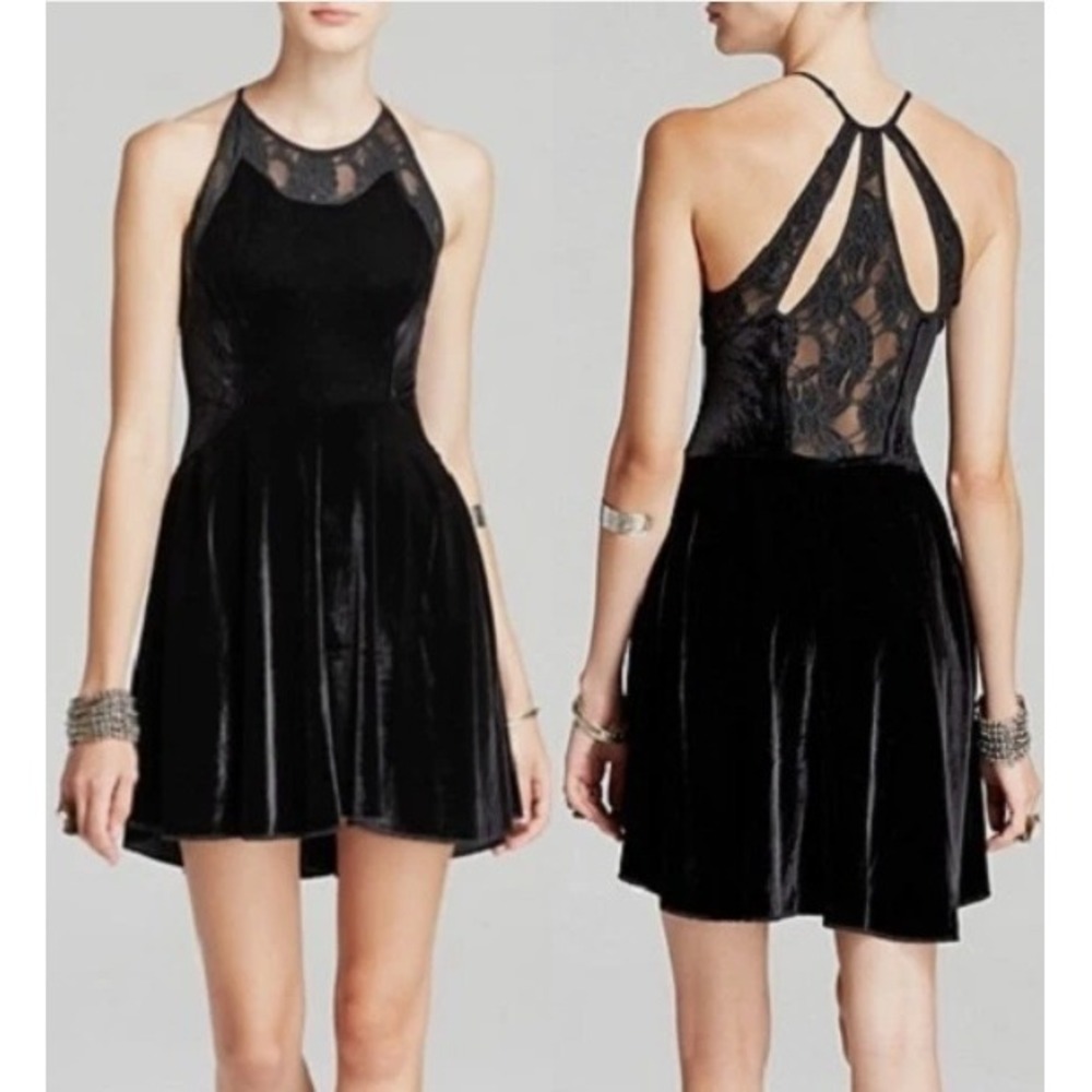 FREE PEOPLE Night Shade Velvet Lace Halter Fit & Flare Mini Dress Black Sz S
